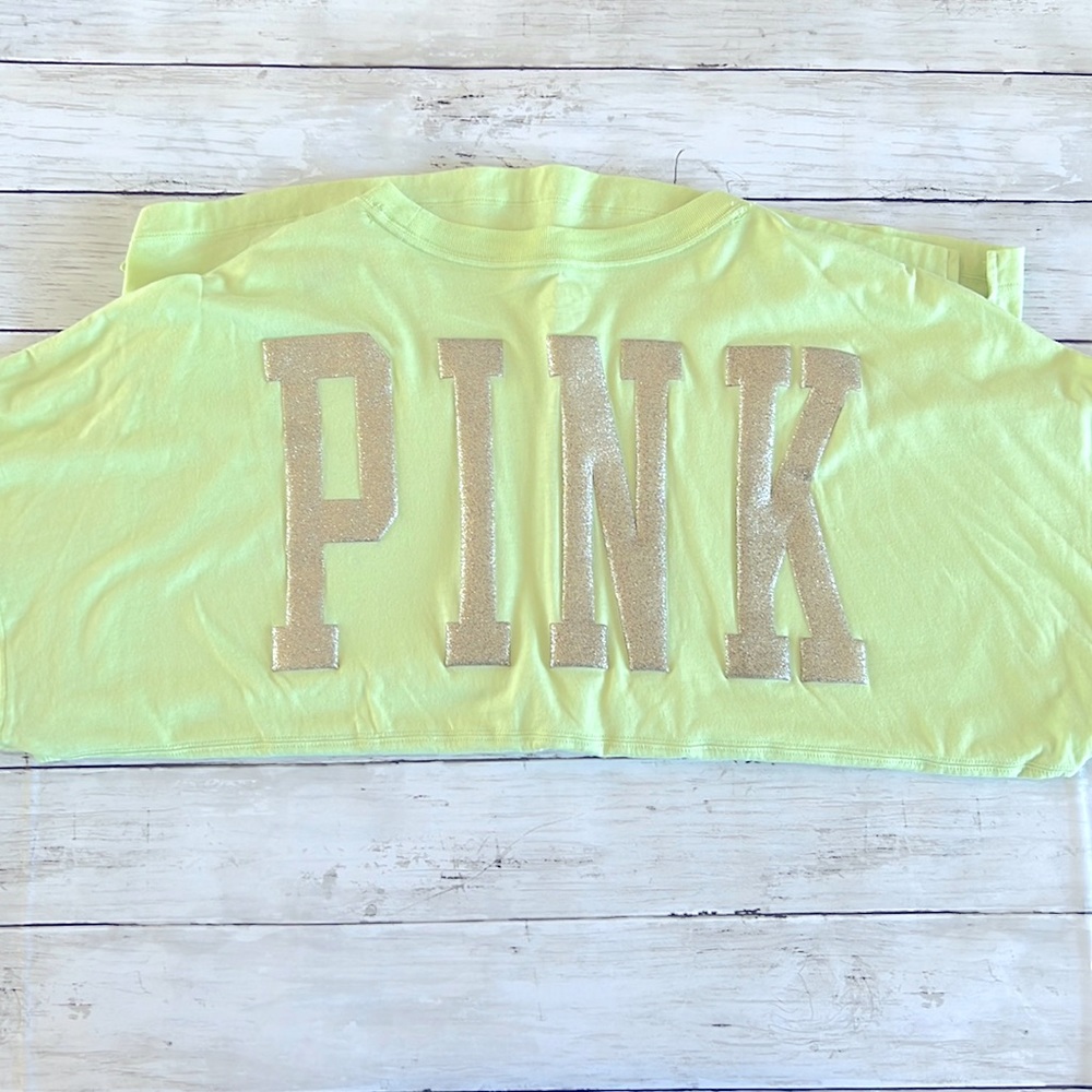 EUC VS Pink Varsity Tee-Beautiful Neon Green&Gold Glitter